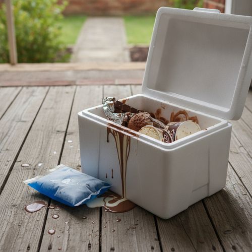 Melted chocolate and ice cream next to an open insulated shipping cooler on a doorstep, showing temperature damage from transit.