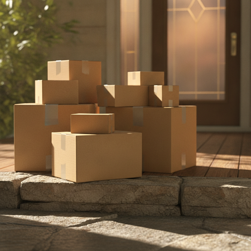 Cardboard shipping packages left on a sunlit front porch doorstep, representing a home delivery awaiting resolution.
