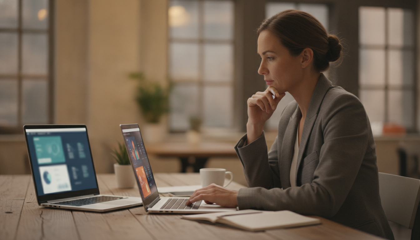Business owner comparing two software dashboards, representing post-purchase platform comparison for Shopify merchants
