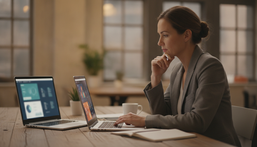 Business owner comparing two software dashboards, representing post-purchase platform comparison for Shopify merchants