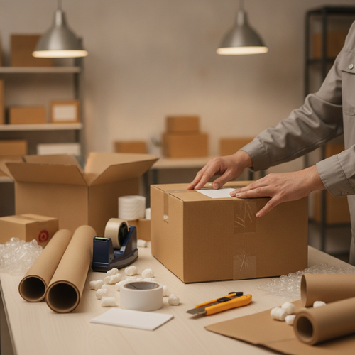 Ecommerce operator packing and labeling a shipment at a fulfillment desk.