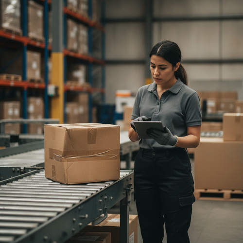 Warehouse associate inspecting a dented shipping box next to a freshly packed replacement package on a fulfillment desk.
