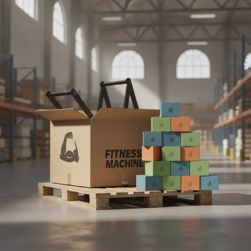 Freight-packed fitness equipment next to small supplement subscription boxes in a warehouse, representing tiered shipping guarantee handling.