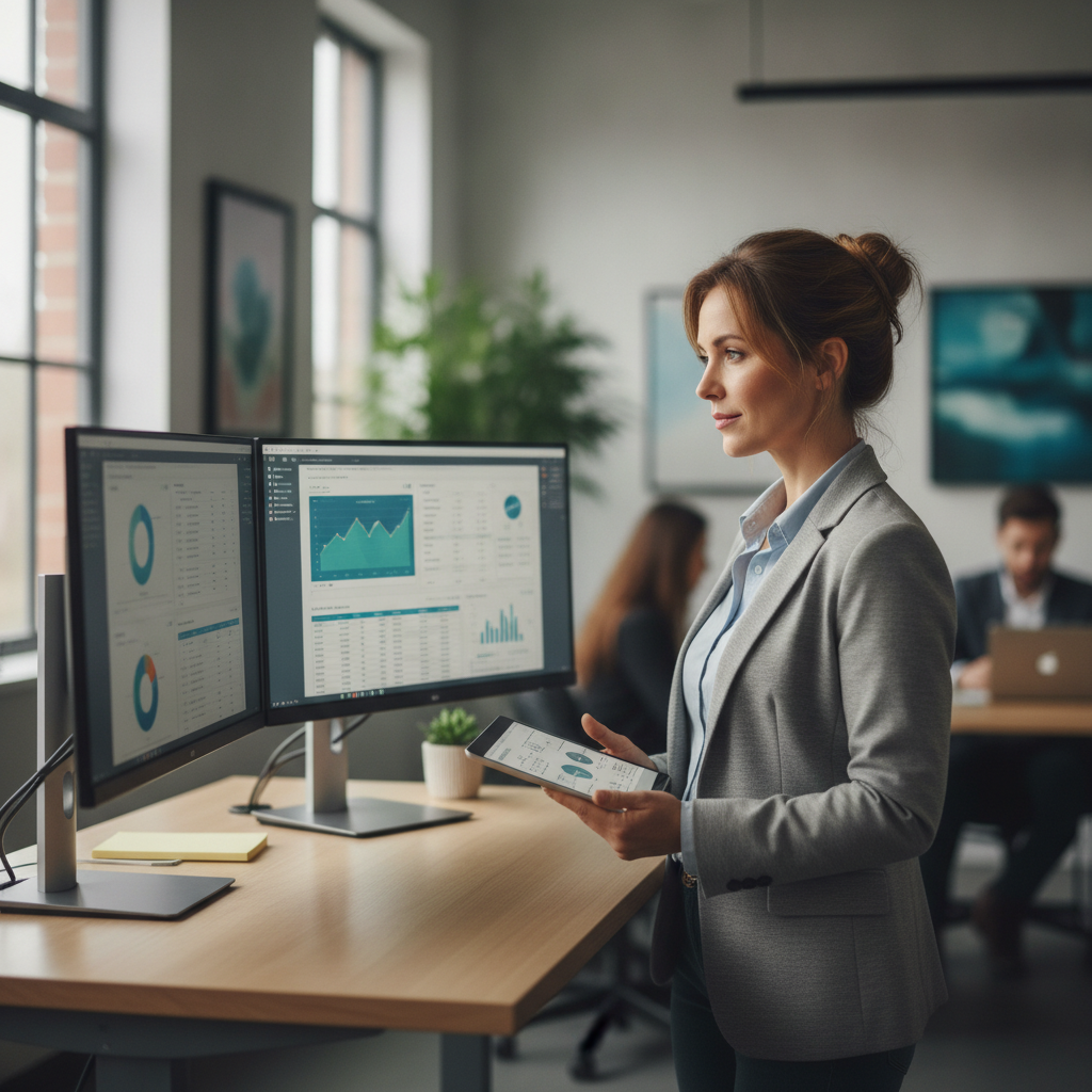 Business owner comparing two software platforms on separate monitors, representing shipping guarantee platform comparisons for Shopify merchants