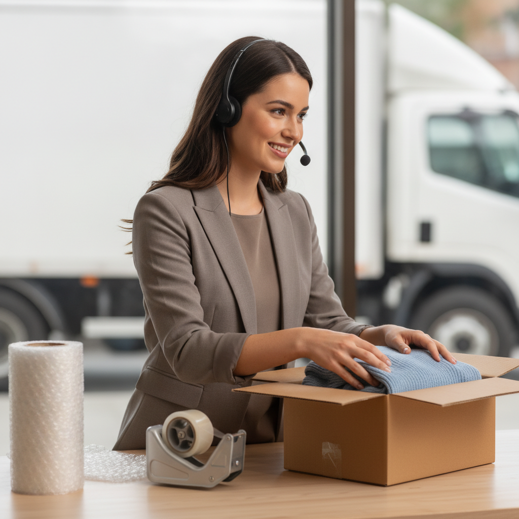 Merchant support representative assisting a customer directly, representing shipping guarantee ownership of the customer relationship versus carrier-native protection