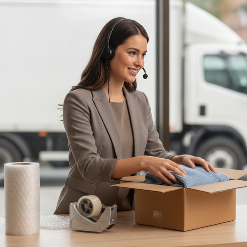 Merchant support representative assisting a customer directly, representing shipping guarantee ownership of the customer relationship versus carrier-native protection