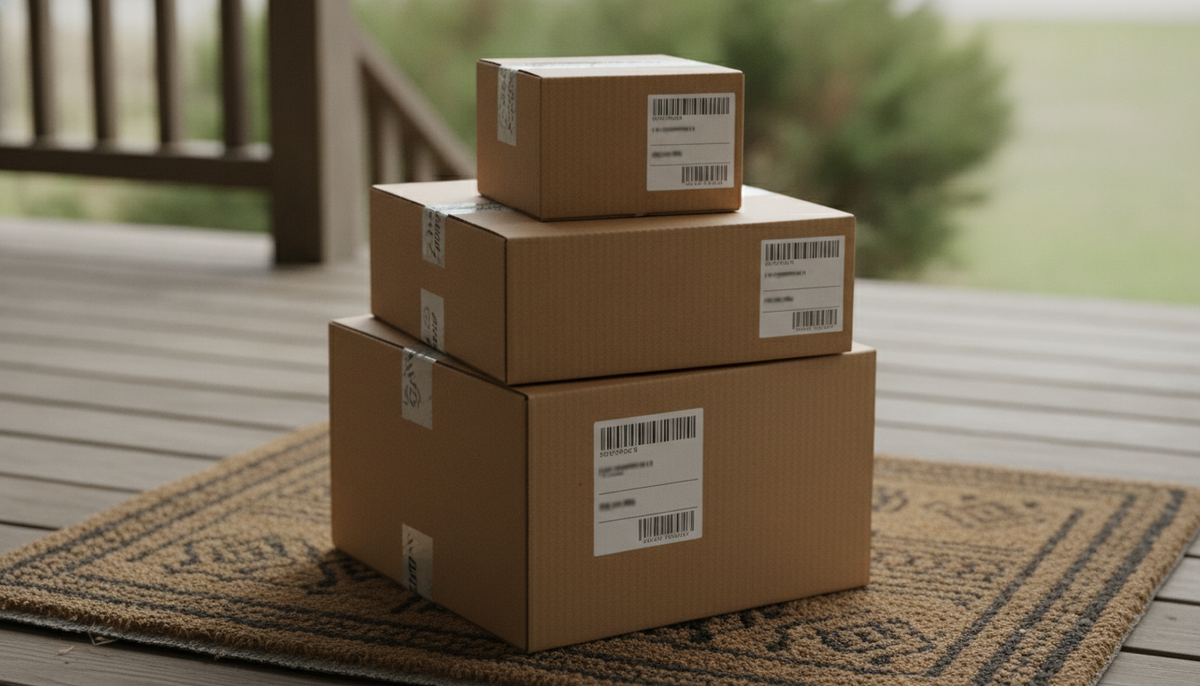 Three separate packages stacked on a doormat, representing split shipments and WISMO tickets for Shopify merchants