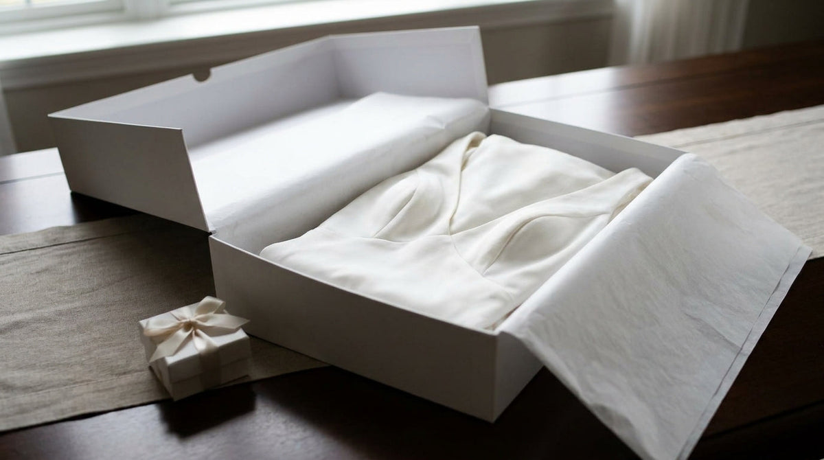 A white wedding gown in a garment box beside a small ribbon-tied favor box, representing why a damaged gown needs a different resolution than a damaged favor.