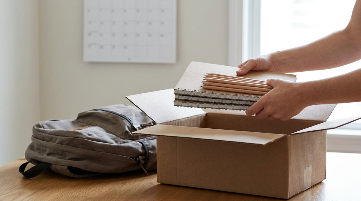 School supplies and a backpack being packed into a shipping box beside a calendar, representing back-to-school fulfillment with a deadline that can't slip.