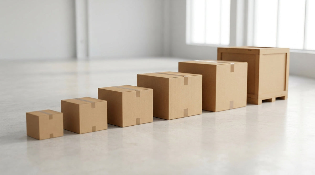 A rising row of plain shipping boxes from small to large on a bright surface, representing a stage-by-stage guide from a first 100 orders to a first 10,000.