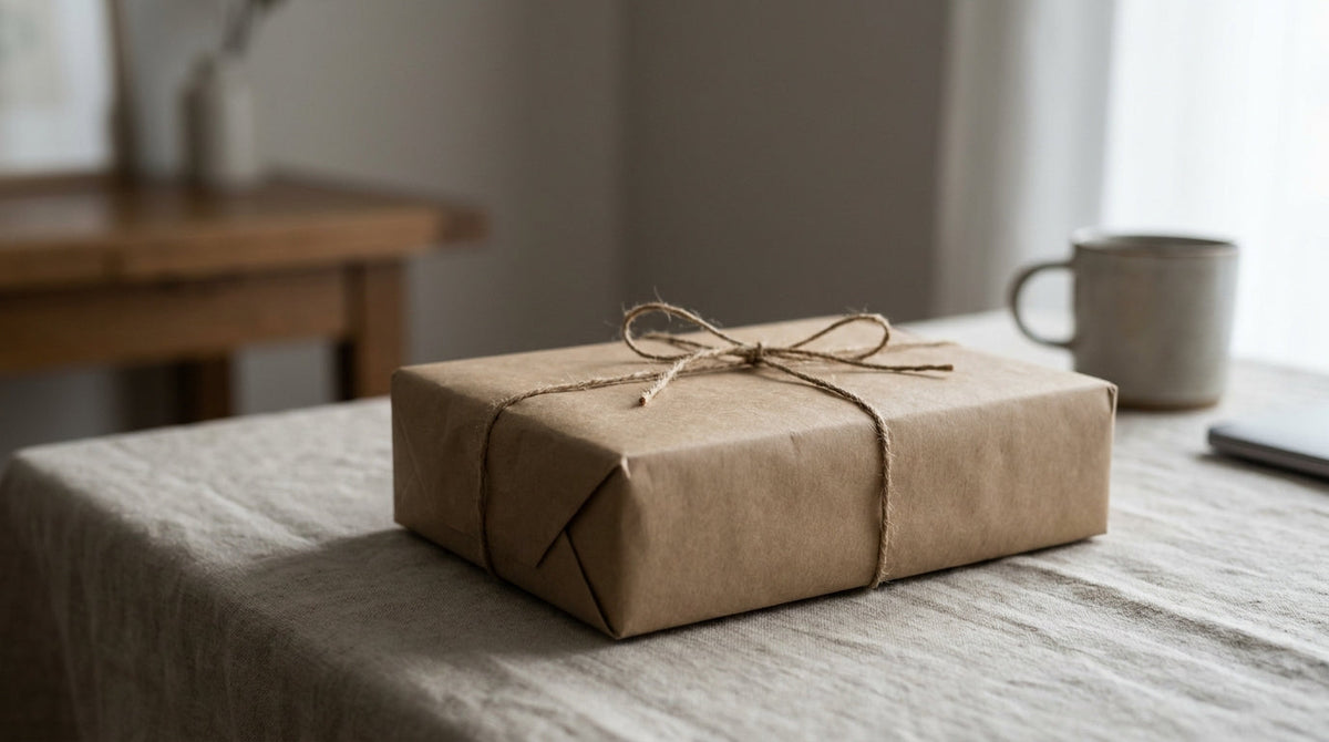 A plain unmarked brown parcel with no branding on a neutral surface, representing discretion built into the resolution process for discreet shipping brands.