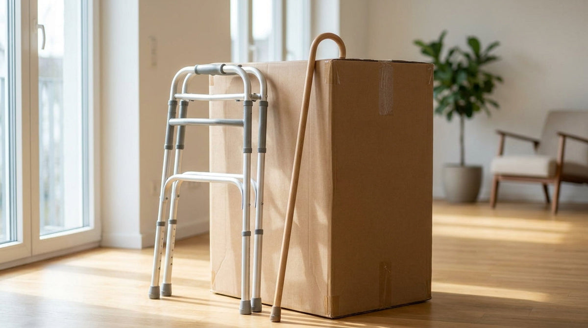 A folded mobility aid such as a walker or cane beside a large shipping box, representing why mobility aid brands need a different shipping guarantee.