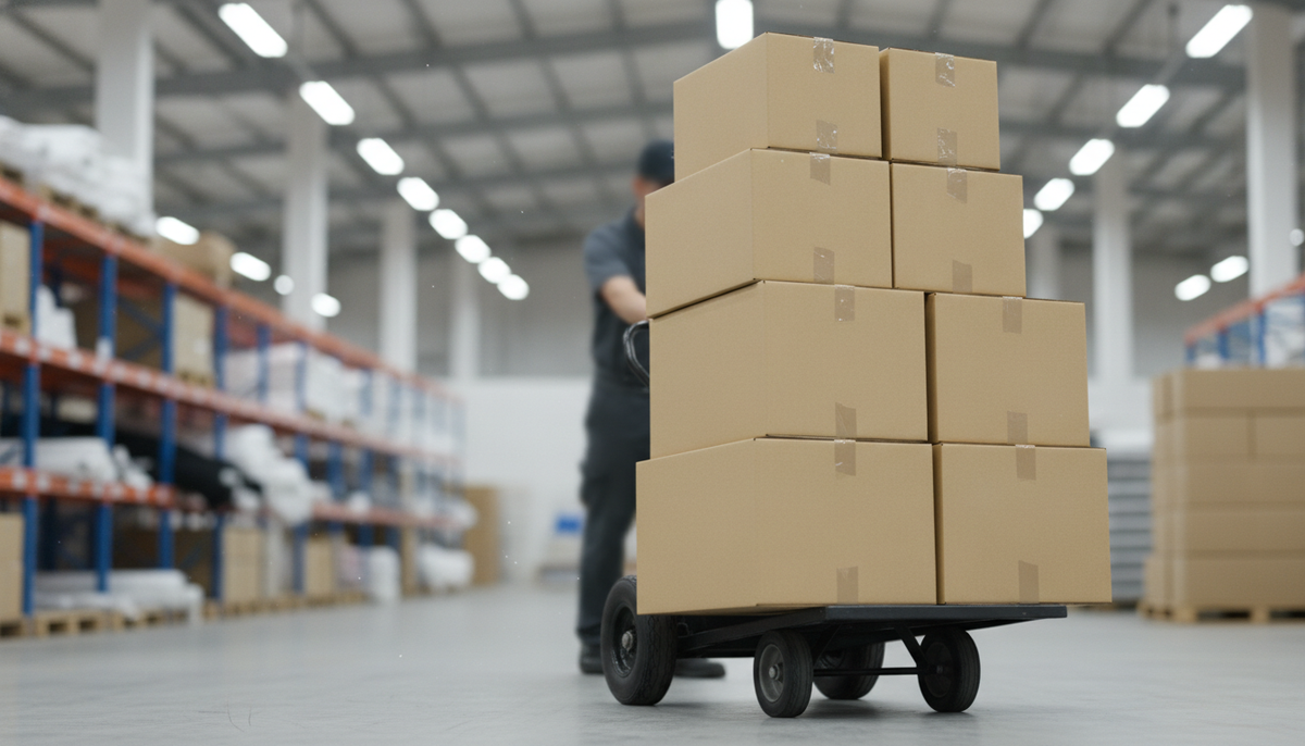 Stack of identical boxes on a hand cart, representing bulk team and group order shipping for Shopify merchants