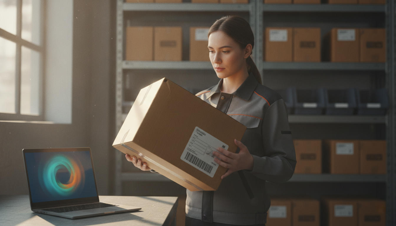Warehouse worker reviewing a shipping box near a laptop, representing a self-service resolution portal for Shopify merchants