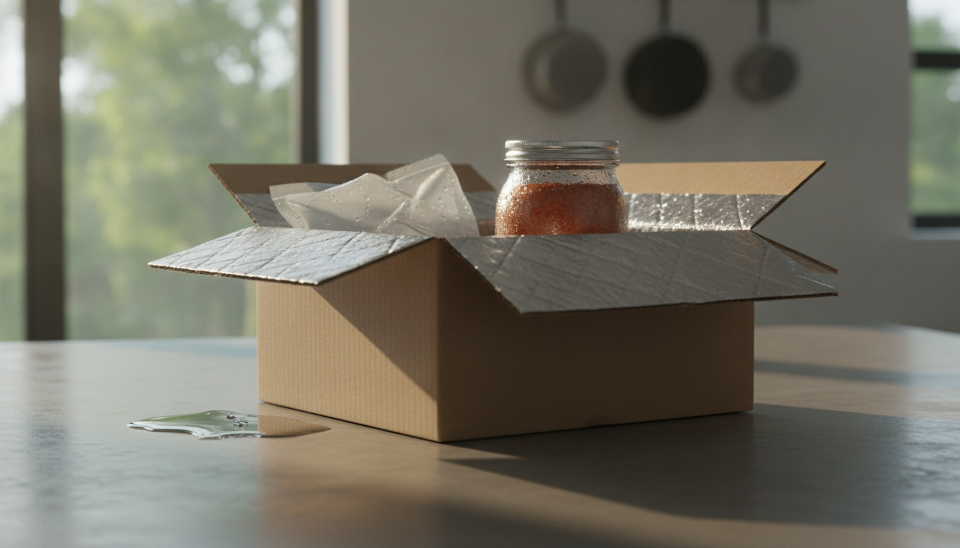 Insulated shipping box with melted ice pack and food jar, representing perishable shipping damage for Shopify merchants