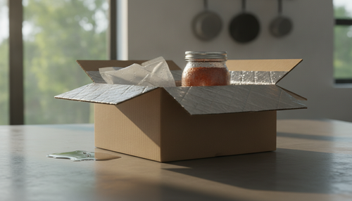 Insulated shipping box with melted ice pack and food jar, representing perishable shipping damage for Shopify merchants