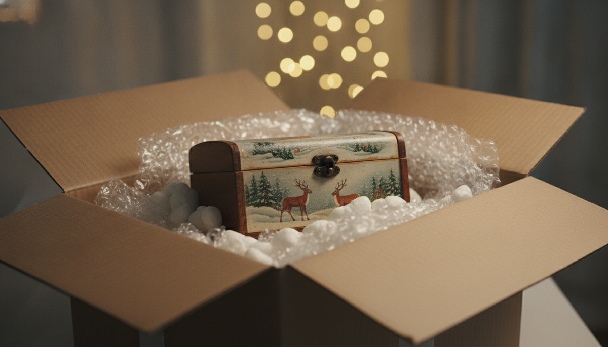 Toy box cushioned with bubble wrap in an open carton, representing holiday shipping breakage protection for Shopify merchants