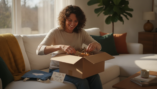 Customer happily unboxing a package at home, representing purpose-driven post-purchase experience for Shopify merchants