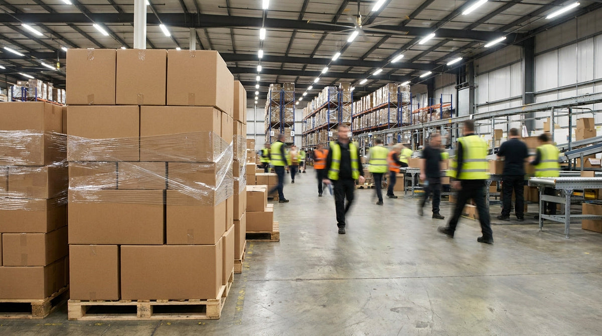 A busy peak-season fulfillment warehouse with stacked pallets, representing the risk of switching 3PLs during the Q4 rush.