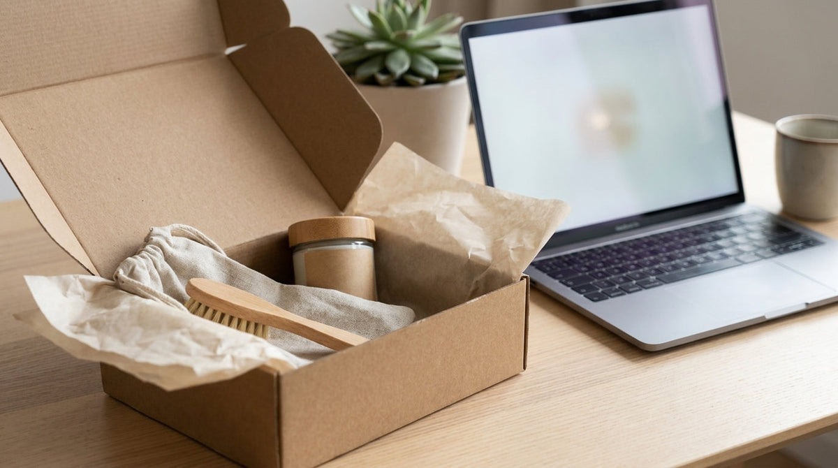A recurring subscription box on a desk beside a laptop, representing subscription cancel-flow rules for subscription box brands.
