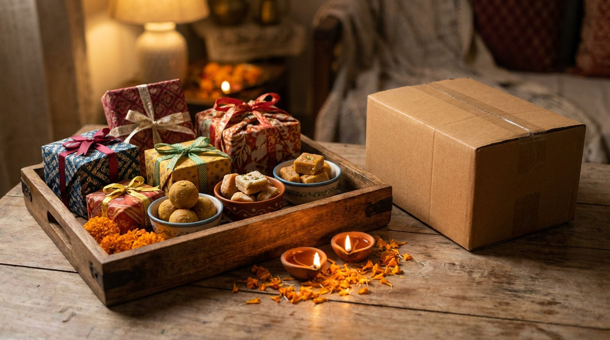Festive Diwali gift boxes and sweets with small oil lamps beside a shipping carton, representing a shipping deadline calendar for gifting and sweets brands.