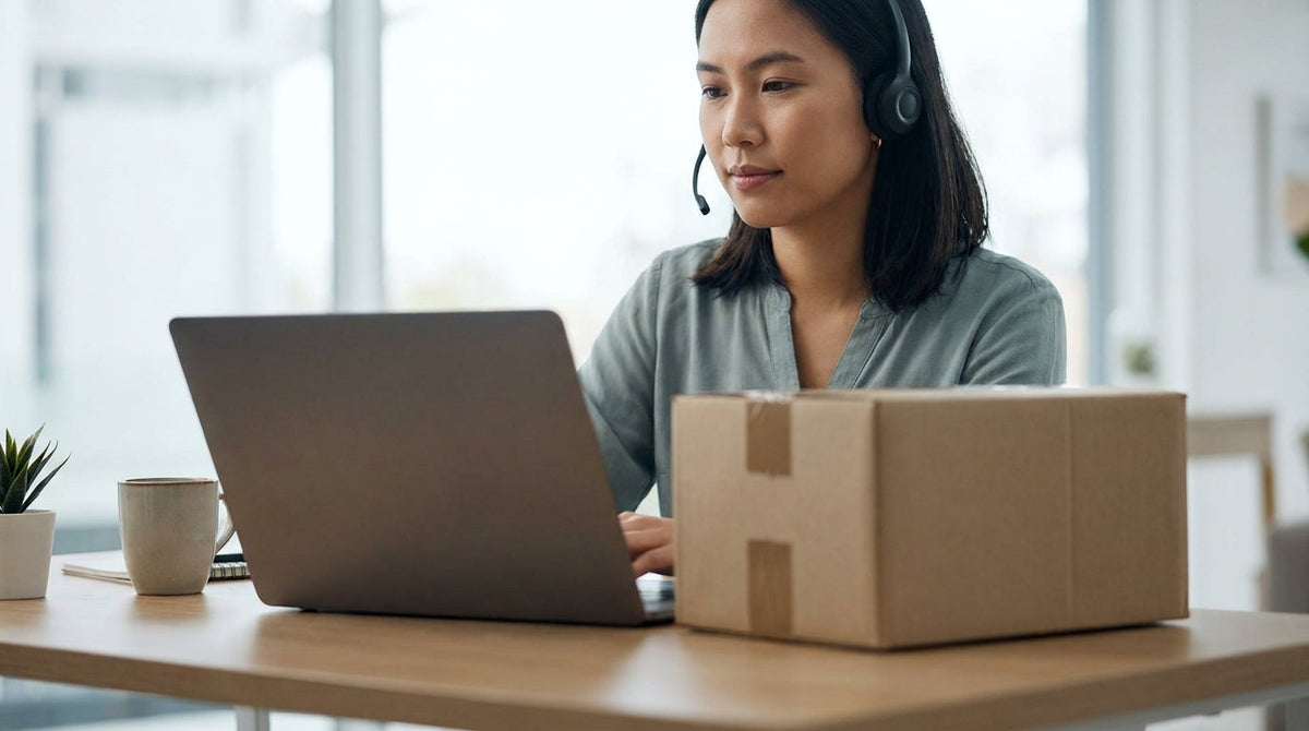 A support agent at a headset workstation beside a parcel, representing the per-contact cost of a where-is-my-order support ticket.