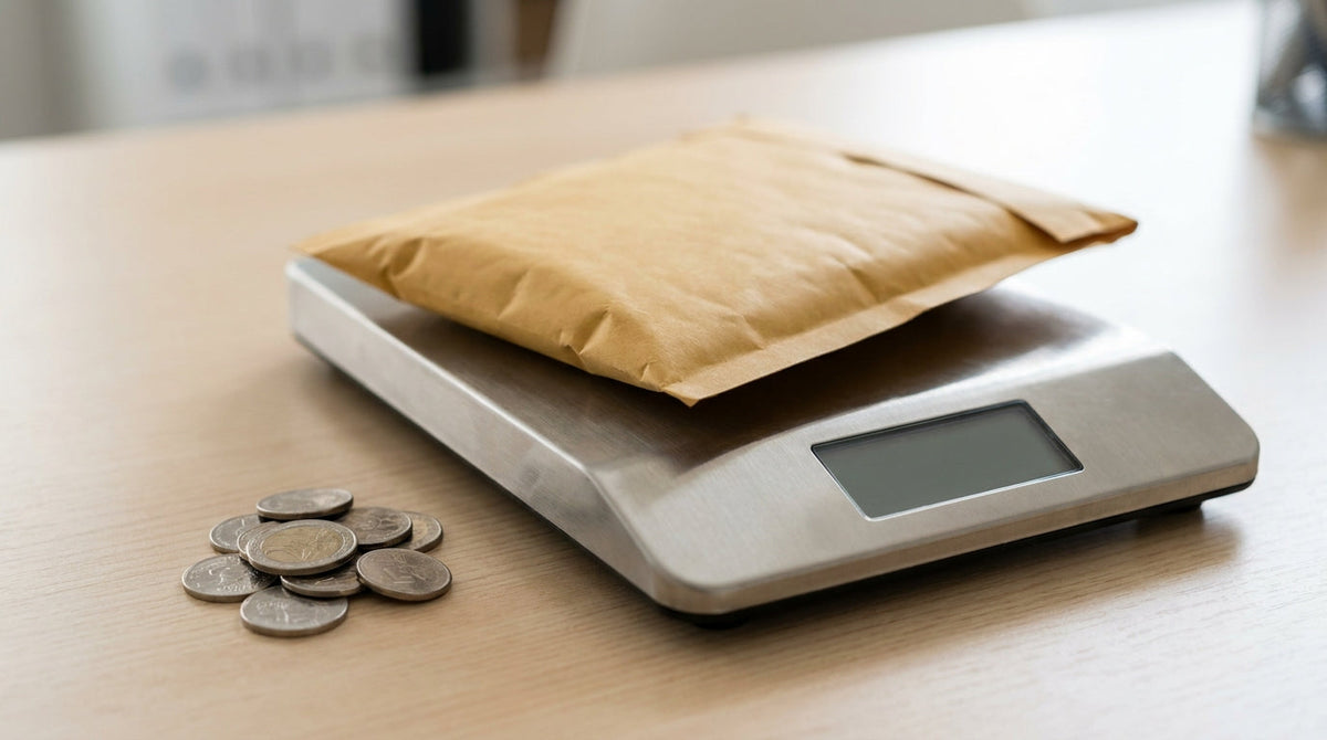 A small flat padded envelope beside a shipping scale and coins, representing lightweight Shopify sellers overpaying to ship a small envelope.