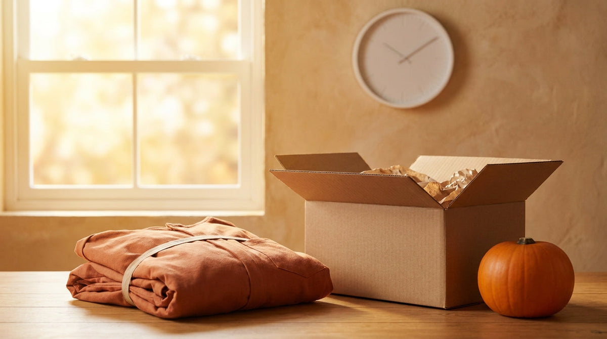 A folded Halloween costume beside a shipping box and a pumpkin with a wall clock, representing the hard ship-date cutoff for costume brands.