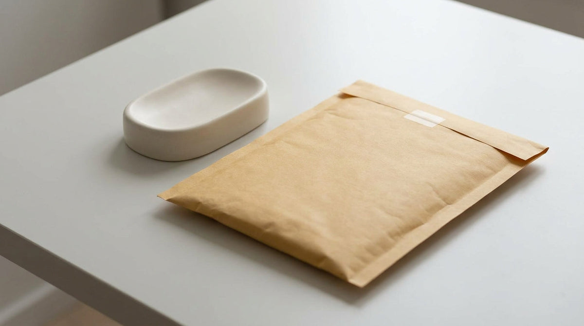 A low-value product left beside an unopened return mailer, representing a returnless-refund threshold decision for Shopify stores.