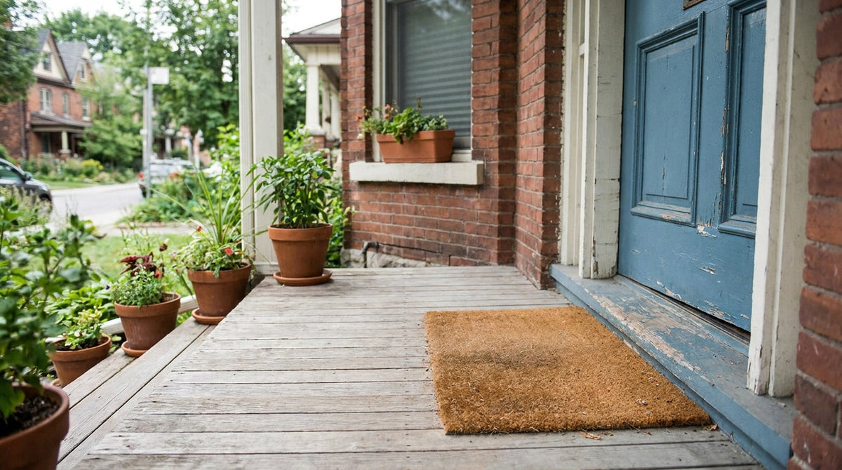 An empty doorstep where a package should be, representing the gaps in built-in shipping coverage when a package goes missing.