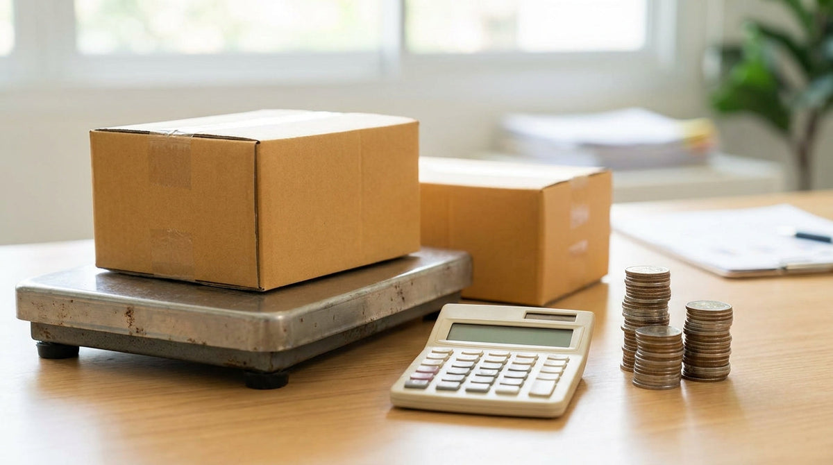 Shipping boxes on a scale beside a calculator and rising stacks of coins, representing stacking USPS rate increases raising landed cost.