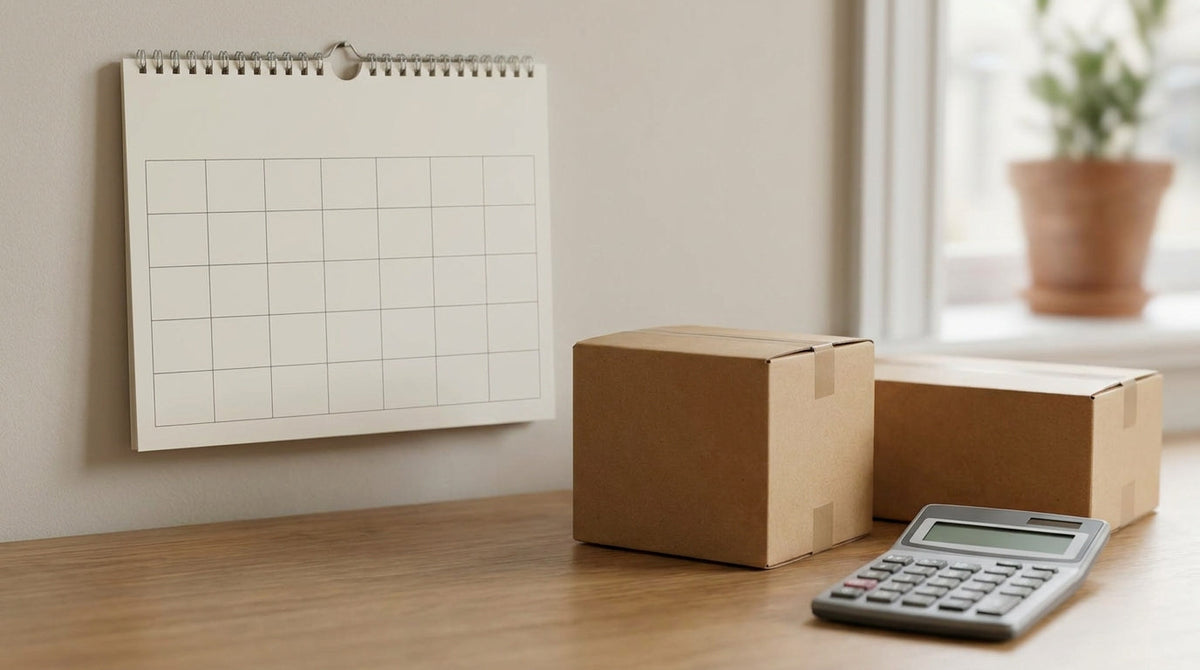 A blank wall calendar beside shipping boxes and a calculator on a desk, representing a carrier cost date calendar for shipping budgeting.