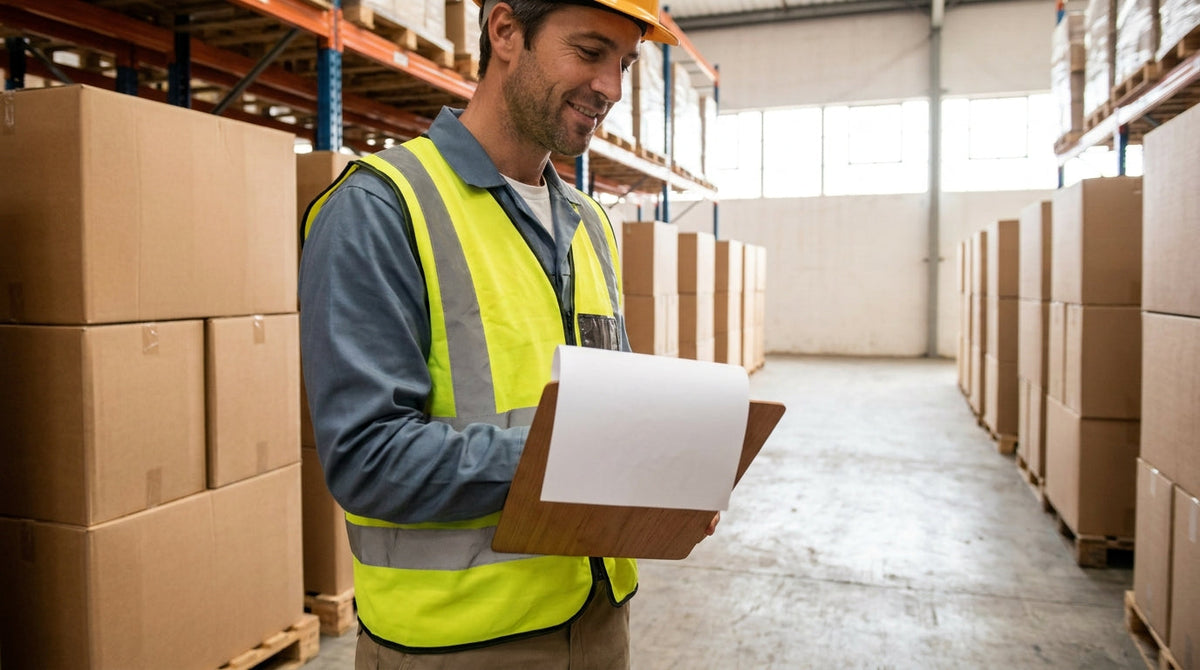 An ops manager with a clipboard reviewing stacked cartons in a warehouse, representing a 60-days-out Q4 fulfillment readiness checklist.