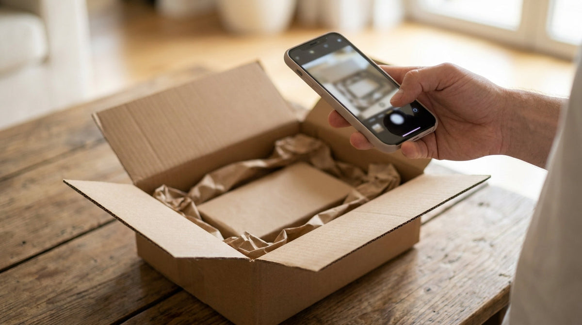 A smartphone photographing a packed open shipping box on a table, representing a quick pack-out photo that settles damage disputes.
