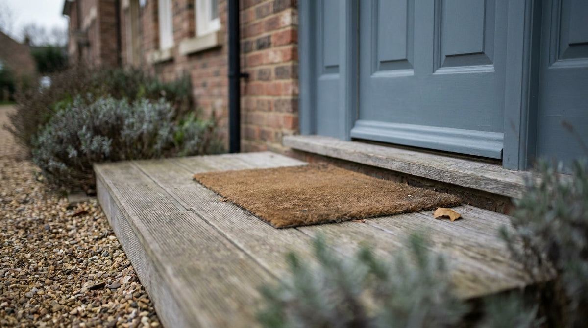 An empty doormat at a front door with no package, representing a delivered-but-not-received dispute for a CX team to resolve.