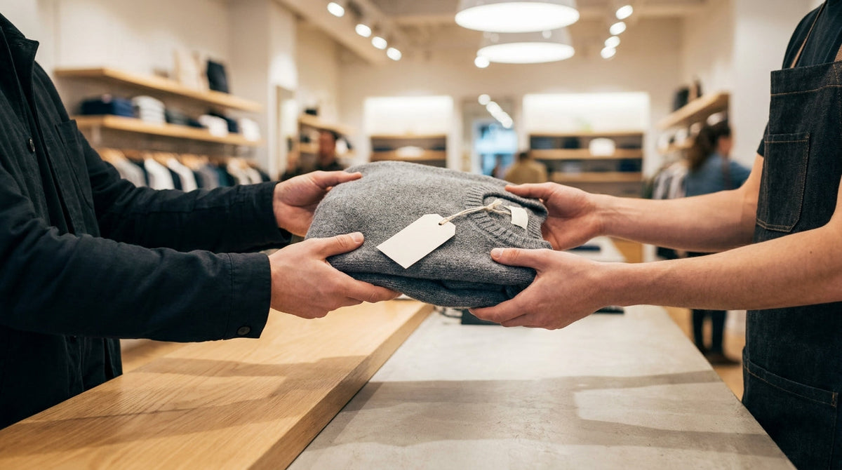 A customer handing an unboxed item with a tag at a retail return counter, representing box-free return drop-offs.