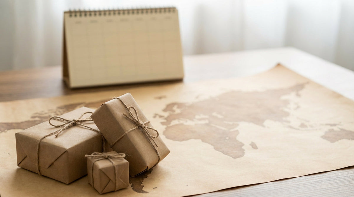 Parcels on a world map with a calendar, representing market-driven shipping opening ahead of peak season.