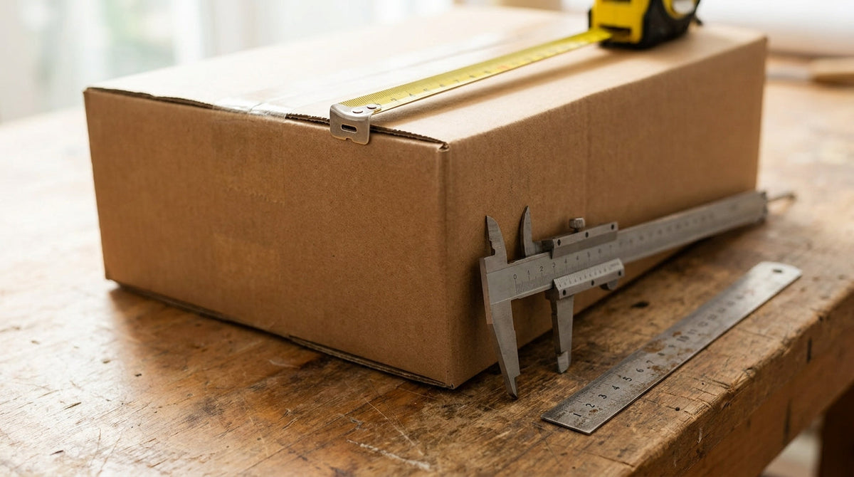 A shipping box being measured with a tape measure beside a caliper on a desk, representing a packaging audit of dimensional rounding.