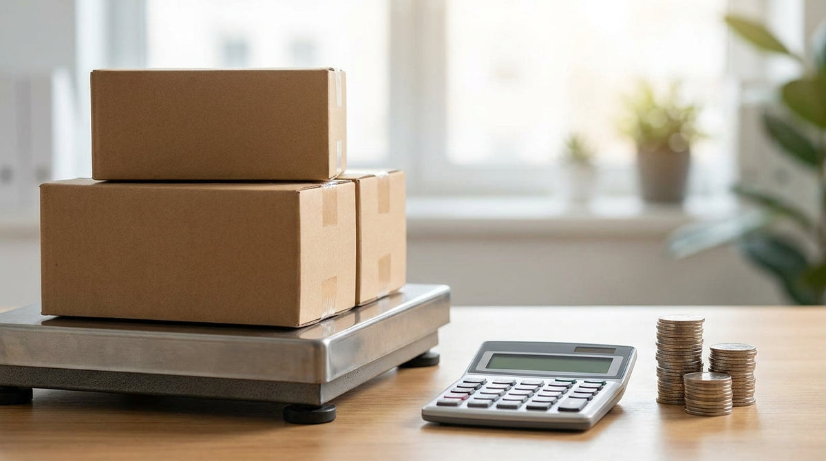 Shipping boxes on a scale beside a calculator and rising coin stacks, representing a carrier rate increase and its real landed-cost impact.
