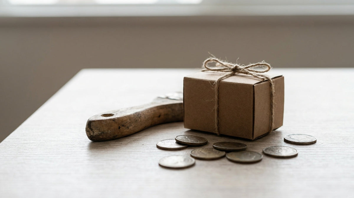 A small inexpensive product beside a tiny parcel and a few coins, representing whether a shipping guarantee is worth it on a low average order value.