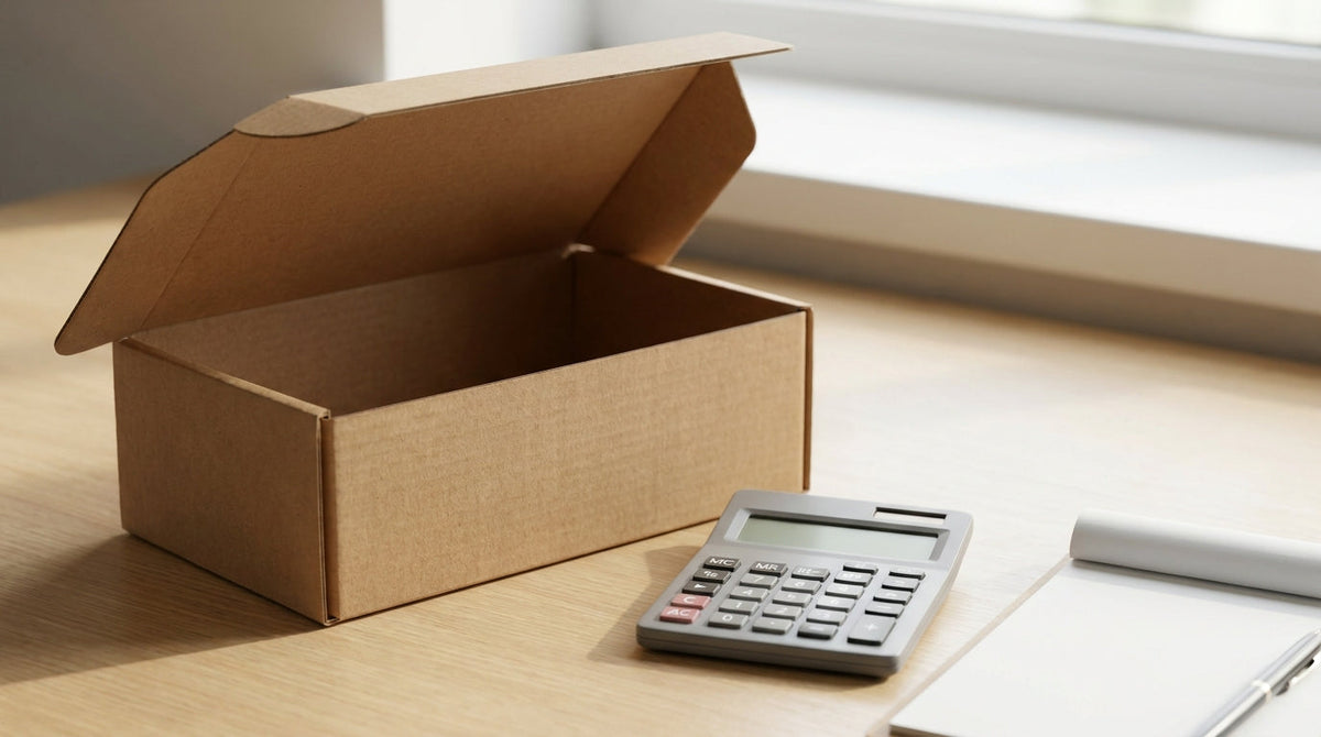 An open return mailer beside a calculator and a blank notepad, representing a four-week experiment to test a return fee.