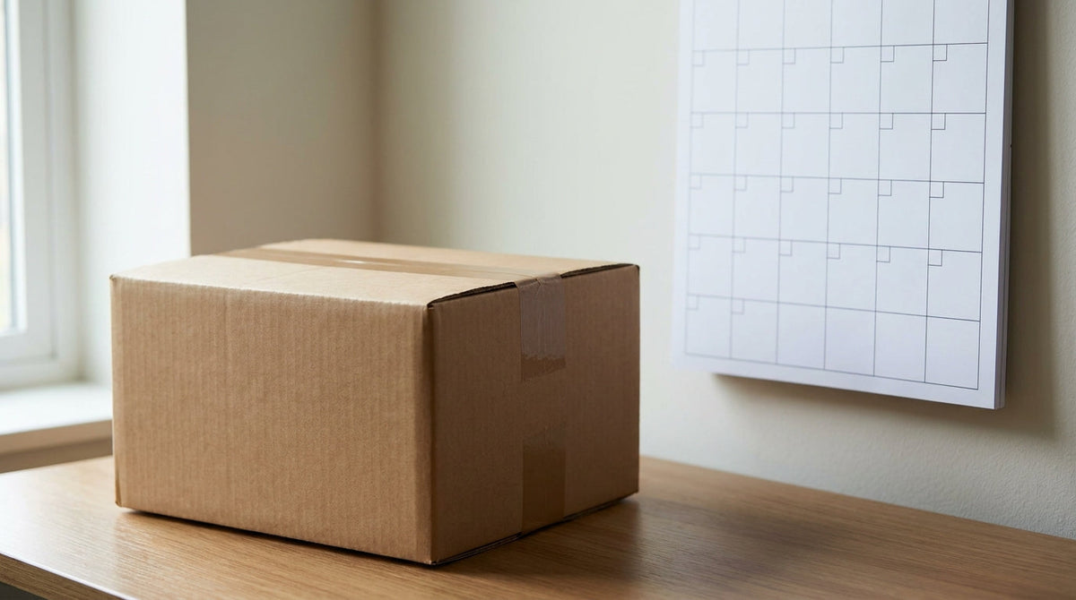A plain cardboard parcel beside a wall calendar on a desk, representing setting a pre-order delivery promise that survives a supplier delay.