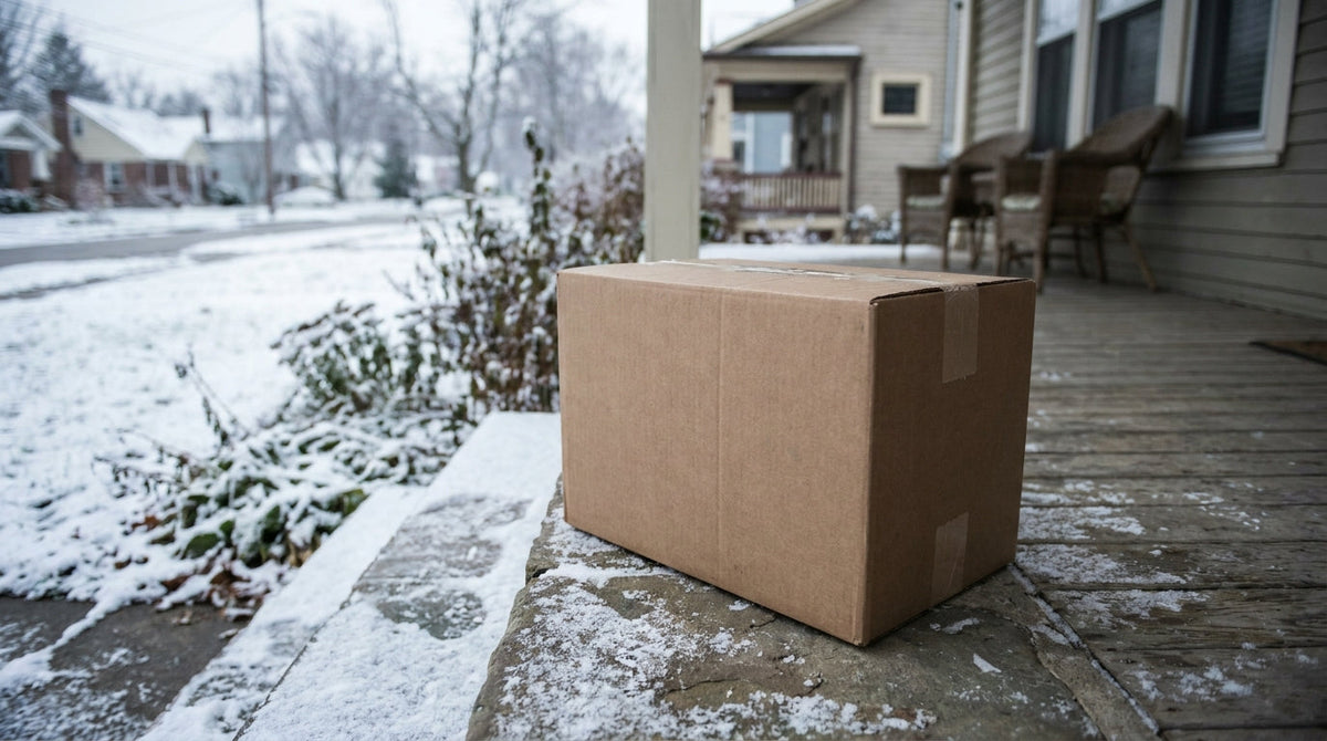 A lone parcel on a snowy winter doorstep, representing why January orders arrive late even after the holiday rush ends.