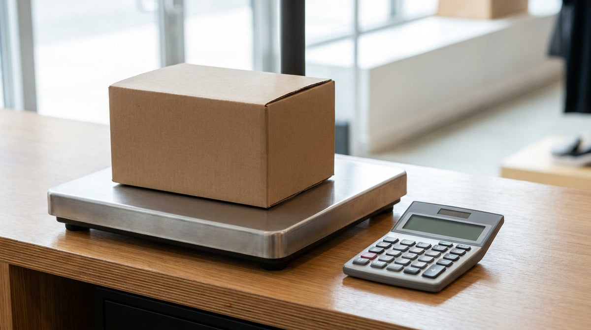 A shipping box on a scale beside a calculator at a checkout desk, representing choosing flat rate or carrier-calculated shipping.