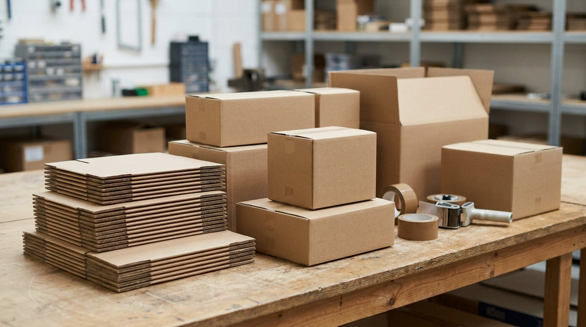 An assortment of cardboard boxes in graduated sizes on a packing bench, representing setting default package sizes by SKU before peak surcharges.