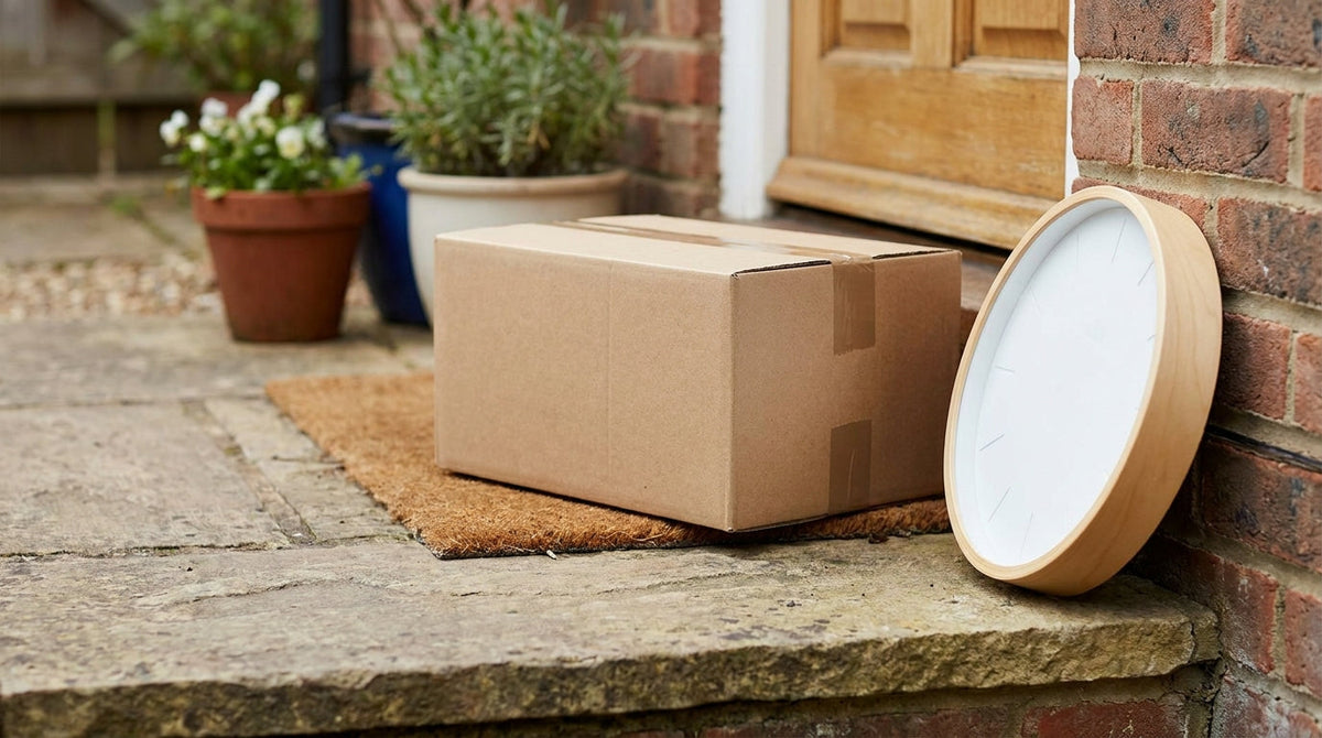 A delivered parcel on a doorstep beside a wall clock, representing deciding whether to refund, reship, or do nothing for a late expedited order.
