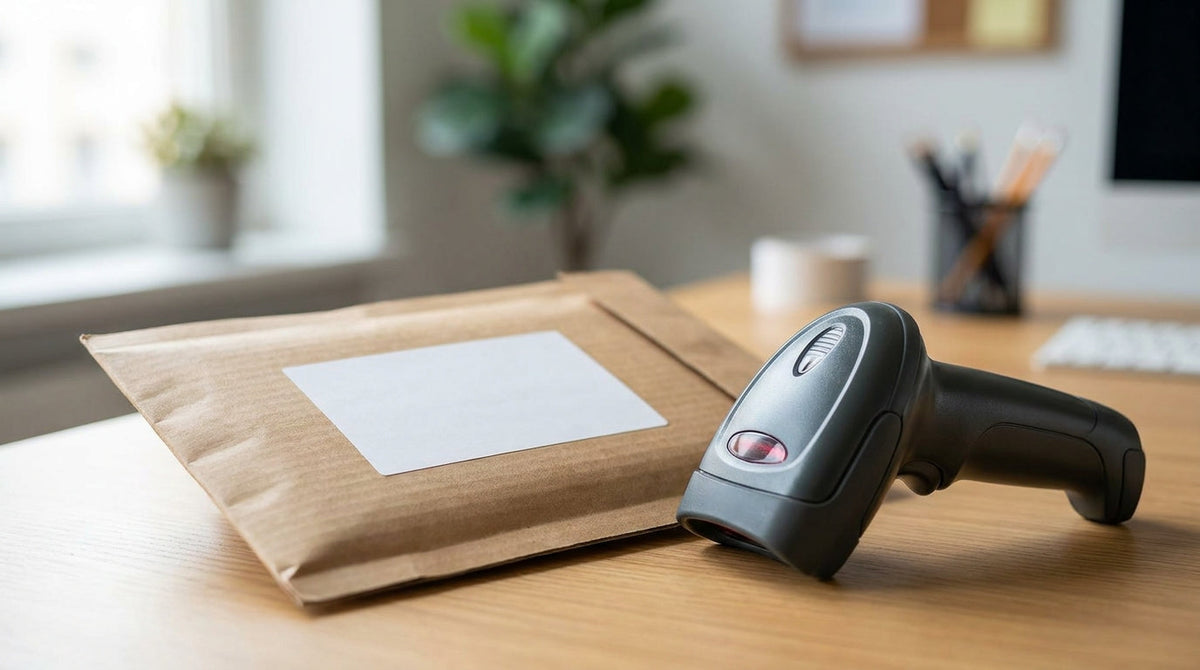 A return mailer with a blank shipping label beside a barcode scanner, representing pay-on-scan return label billing.