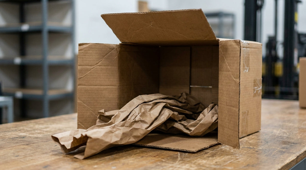 An opened empty return box with packing paper on a receiving table, representing an empty-box return receiving inspection checklist.