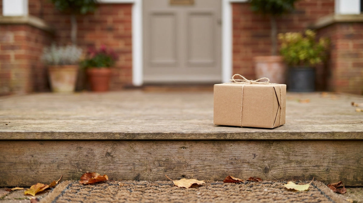 A parcel left on a residential doorstep, representing a reship-refund-resolve decision matrix for stolen packages by order value.