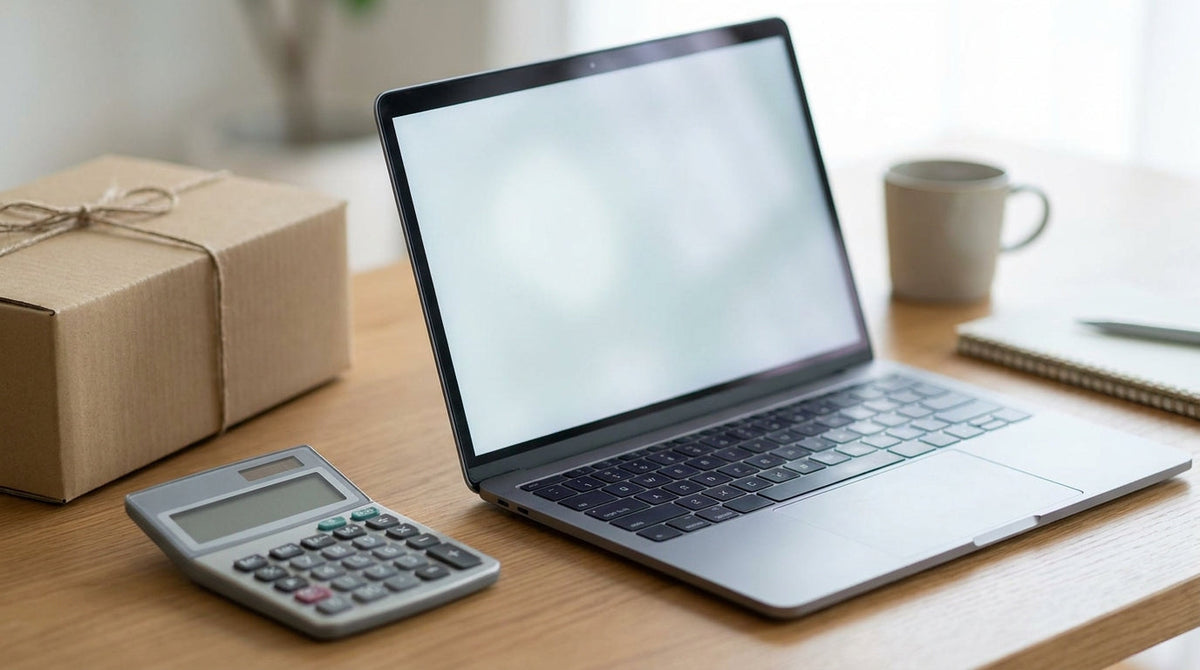 A laptop and a calculator on a desk with a parcel, representing modeling delivery dispute risk against a card-network threshold.